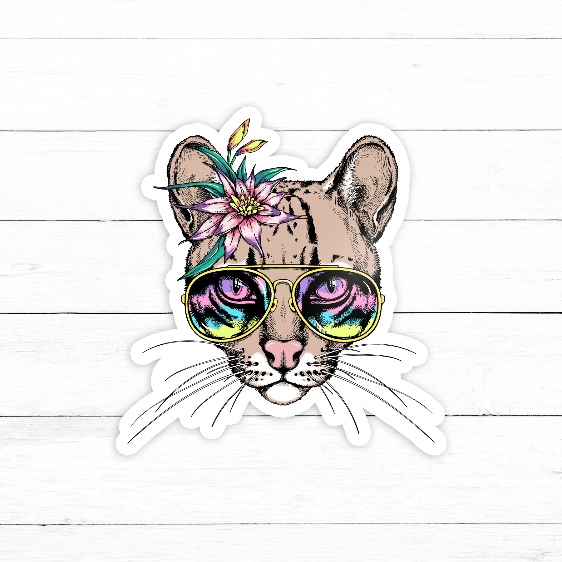 Mountain Lion Sunglasses Sticker | Waterproof Vinyl Decal | 3in